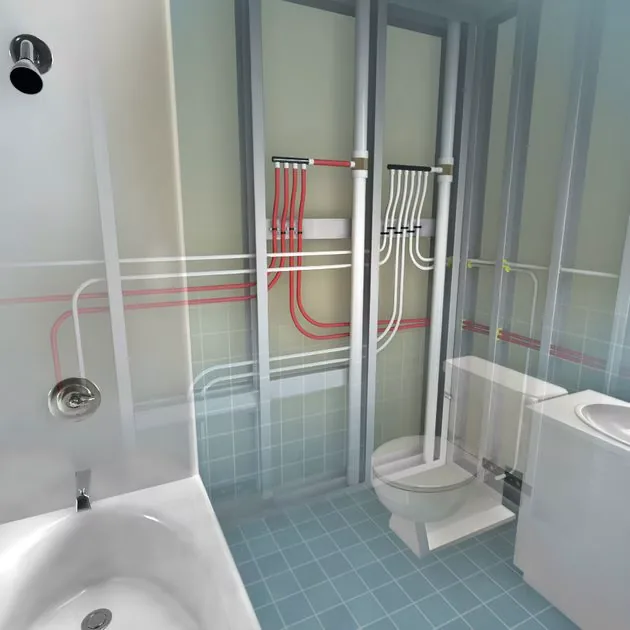 Cutaway diagram of PEX hot and cold lines feeding a bathroom – Navien Tankless Water Heater Installation for Dana Point, CA homes
